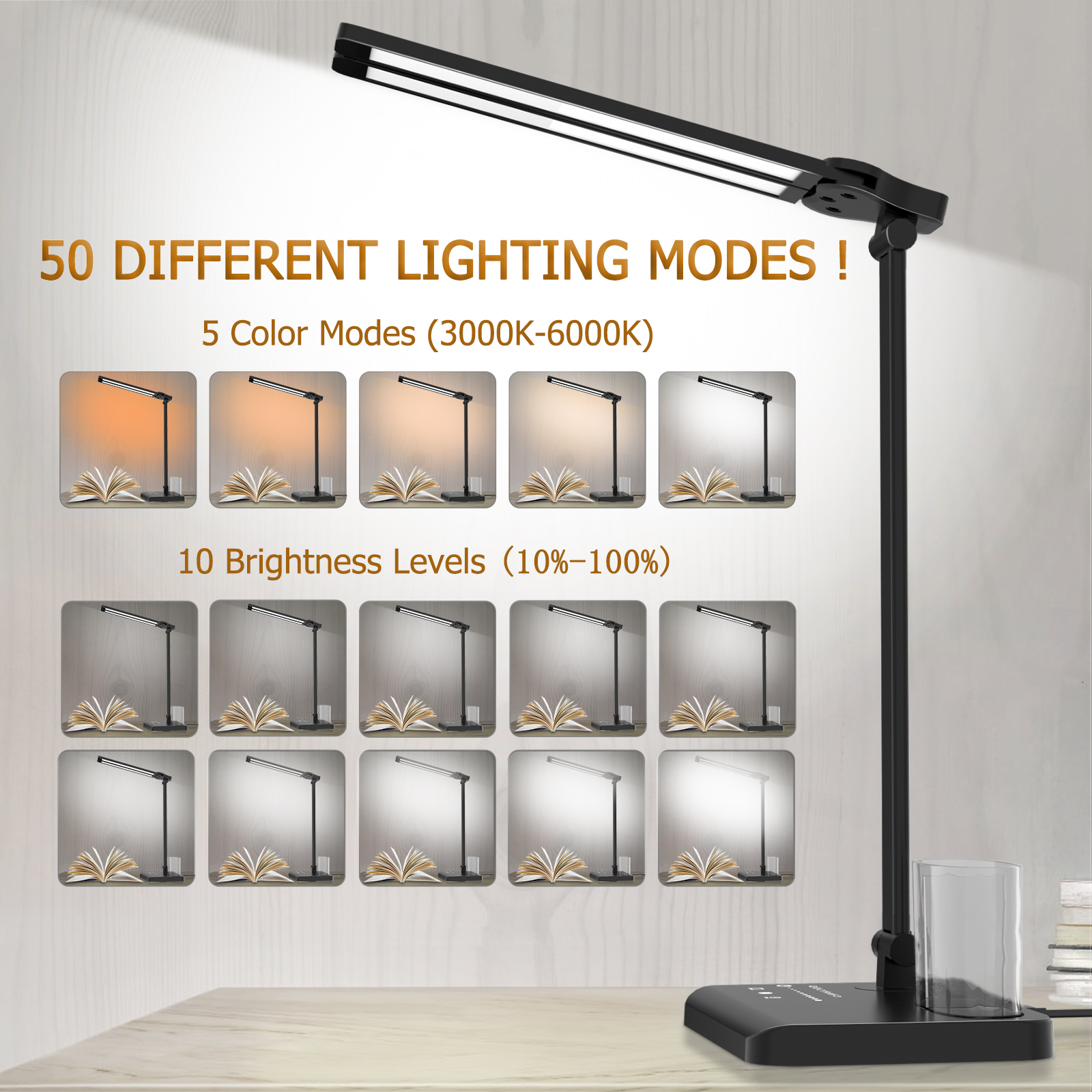 Dimmable LED Desk Lamp Table Lamp with USB Charging Port, Adjustable Foldable Dual Swing Arm Architect Desk Lamp, 50 Lighting Modes, 45min Auto-Off Timer, for Home Office - 图片 2