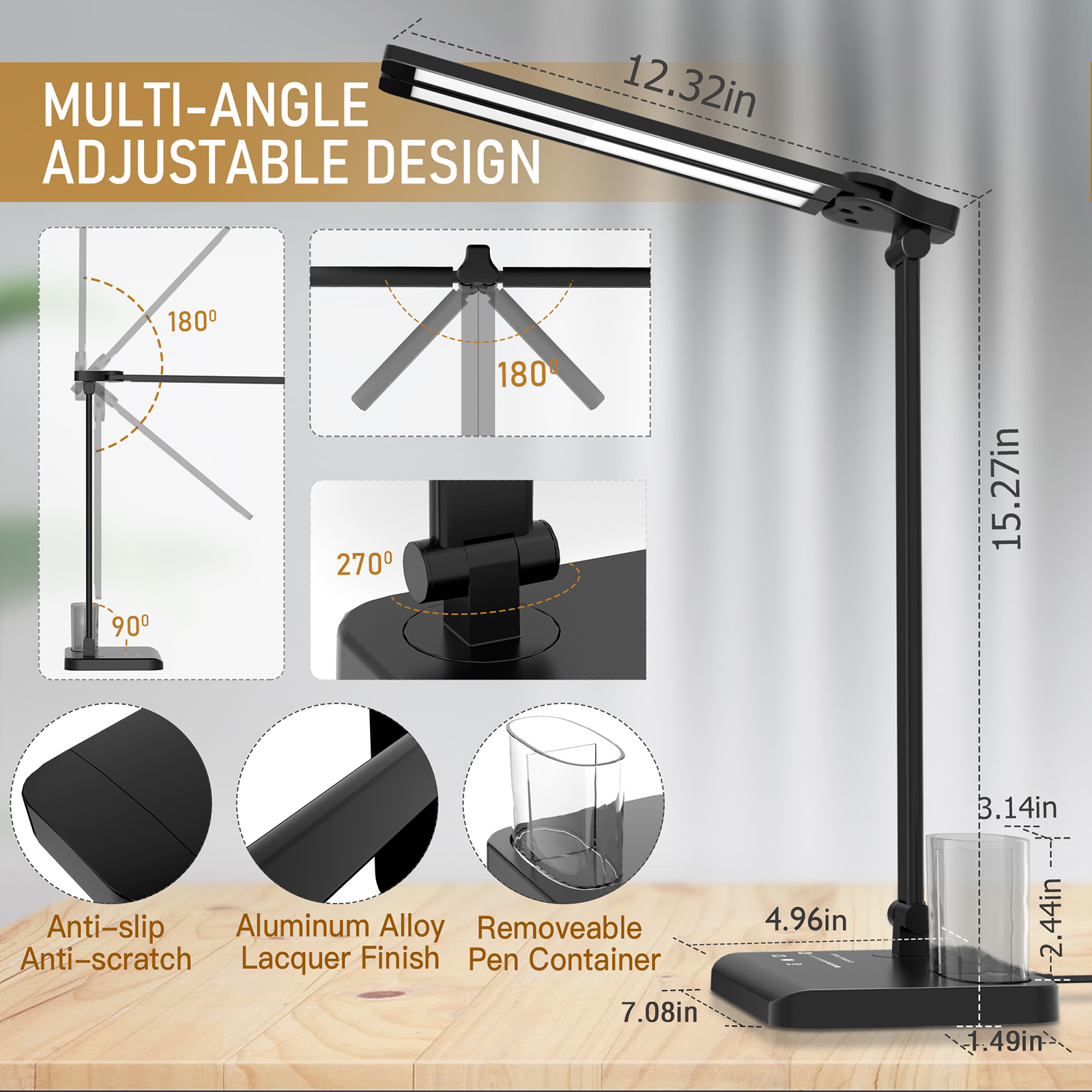 Dimmable LED Desk Lamp Table Lamp with USB Charging Port, Adjustable Foldable Dual Swing Arm Architect Desk Lamp, 50 Lighting Modes, 45min Auto-Off Timer, for Home Office - 图片 3