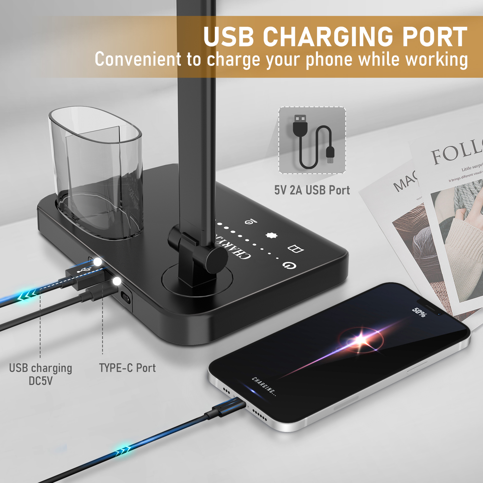 Dimmable LED Desk Lamp Table Lamp with USB Charging Port, Adjustable Foldable Dual Swing Arm Architect Desk Lamp, 50 Lighting Modes, 45min Auto-Off Timer, for Home Office - 图片 4