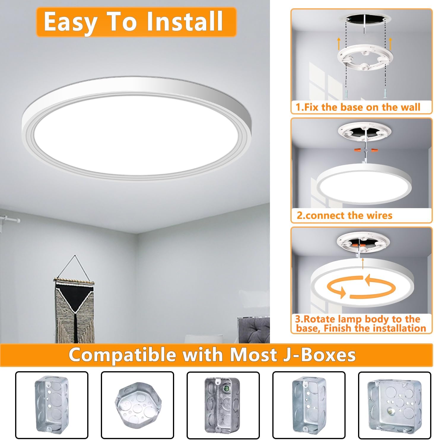 CHARYJOD LED Flush Mount Ceiling Light, 9inch Low Profile LED Ceiling Light,18W 5000K Ultra Thin Round Ceiling Light Fixture for Kitchen Bedroom Hallway Garage Laundry Stairwell Basement Closet White - 图片 4