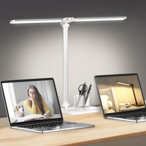 Dimmable LED Desk Lamp Table Lamp with USB Charging Port for Home Office White, Adjustable Foldable Dual Swing Arm Architect 50 Lighting Modes 45min Auto-Off Timer
