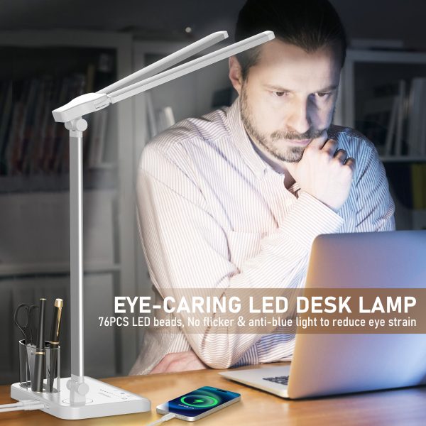 Dimmable LED Desk Lamp Table Lamp with USB Charging Port for Home Office White, Adjustable Foldable Dual Swing Arm Architect 50 Lighting Modes 45min Auto-Off Timer - 图片 2