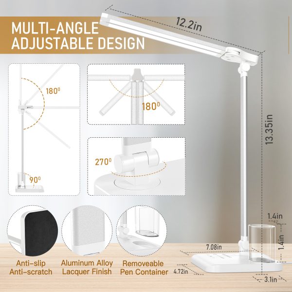 Dimmable LED Desk Lamp Table Lamp with USB Charging Port for Home Office White, Adjustable Foldable Dual Swing Arm Architect 50 Lighting Modes 45min Auto-Off Timer - 图片 5