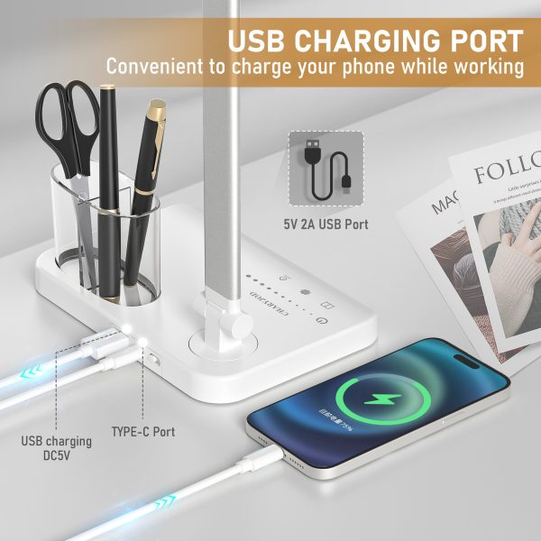 Dimmable LED Desk Lamp Table Lamp with USB Charging Port for Home Office White, Adjustable Foldable Dual Swing Arm Architect 50 Lighting Modes 45min Auto-Off Timer - 图片 6
