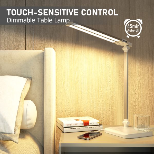 Dimmable LED Desk Lamp Table Lamp with USB Charging Port for Home Office White, Adjustable Foldable Dual Swing Arm Architect 50 Lighting Modes 45min Auto-Off Timer - 图片 7