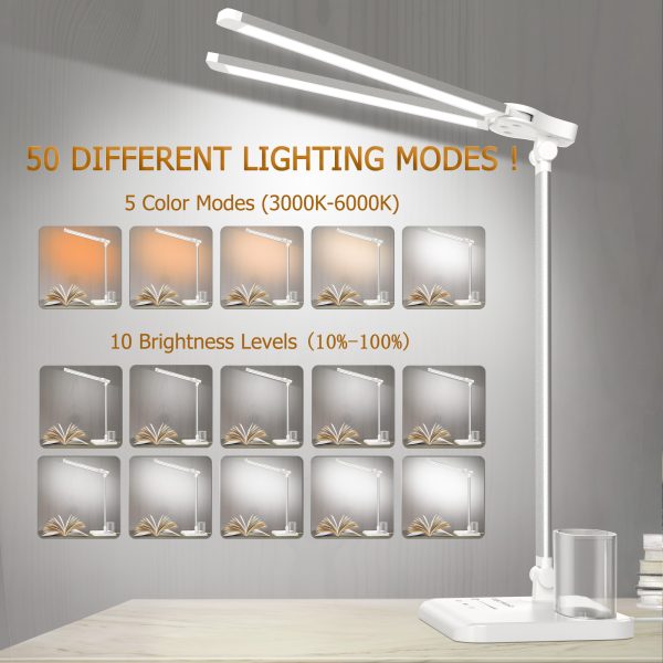 Dimmable LED Desk Lamp Table Lamp with USB Charging Port for Home Office White, Adjustable Foldable Dual Swing Arm Architect 50 Lighting Modes 45min Auto-Off Timer - 图片 8