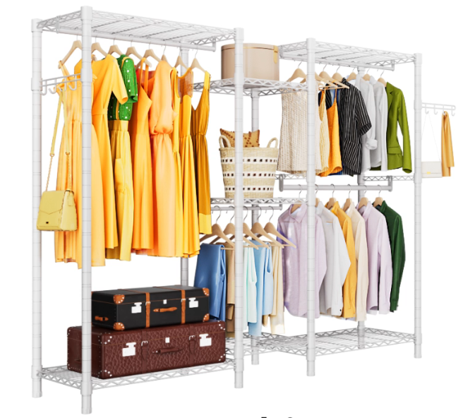 Heavy Duty Garment Rack Freestanding, Adjustable, 7 Tiers Wire Shelving, 4 Hanger Rods, White