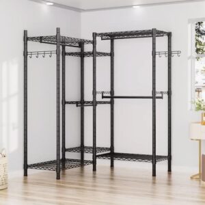 Heavy Duty Garment Rack Freestanding, Adjustable, 7 Tiers Wire Shelving, 4 Hanger Rods, Black