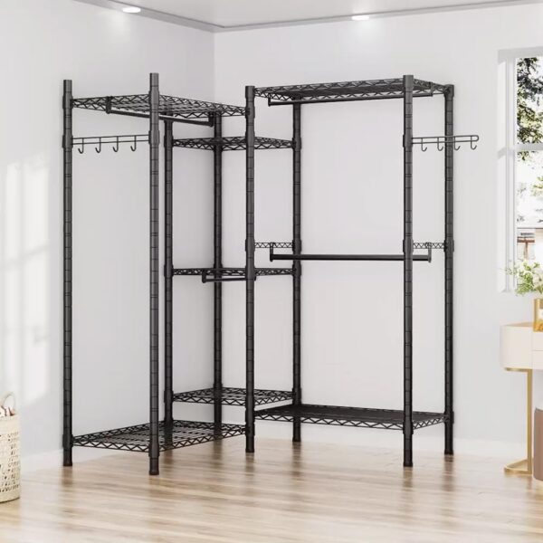 Heavy Duty Garment Rack Freestanding, Adjustable, 7 Tiers Wire Shelving, 4 Hanger Rods, Black