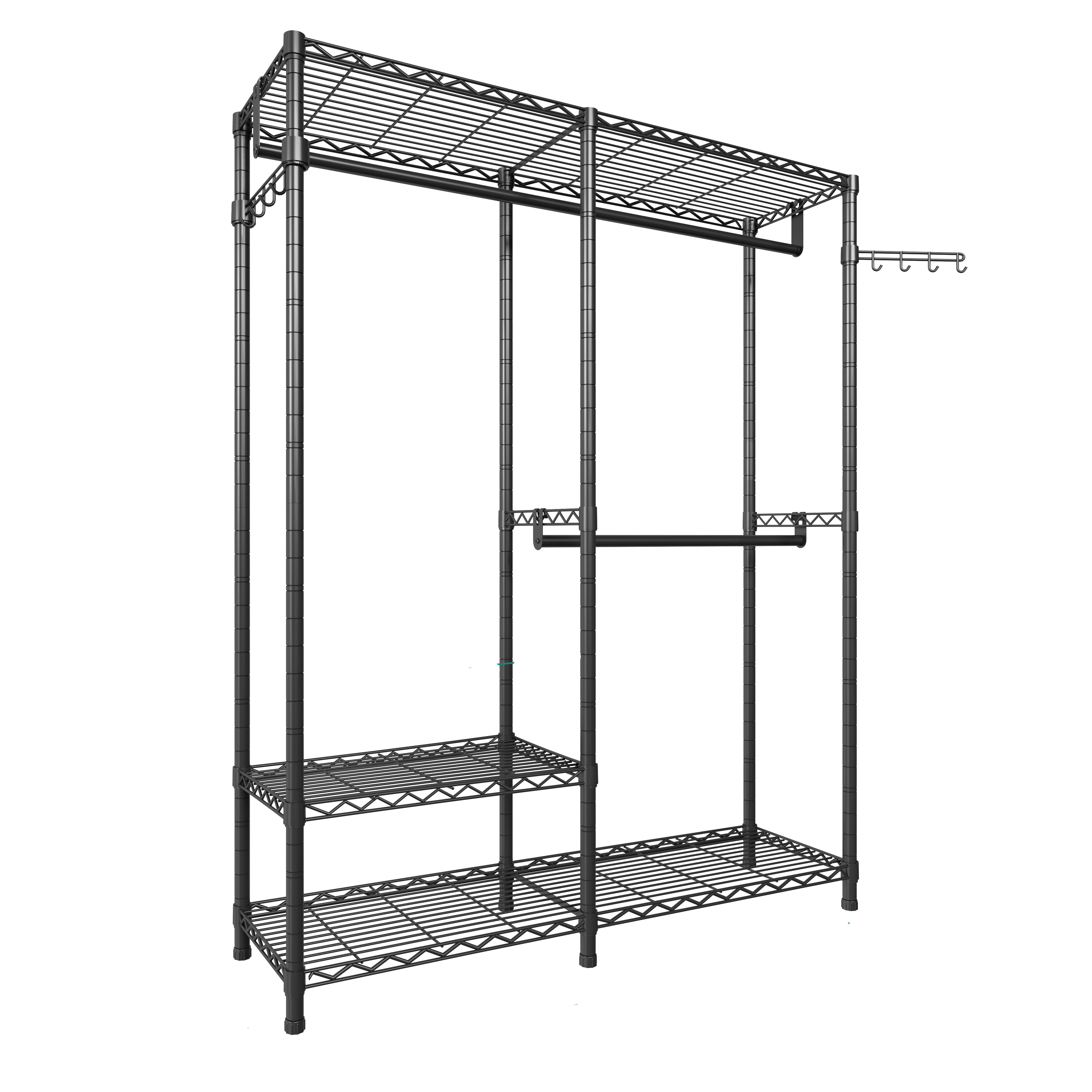 Heavy Duty Clothes Rail, 3-Tier Adjustable Wire Shelving, 2 Hanger Rods, Side Hooks, Black