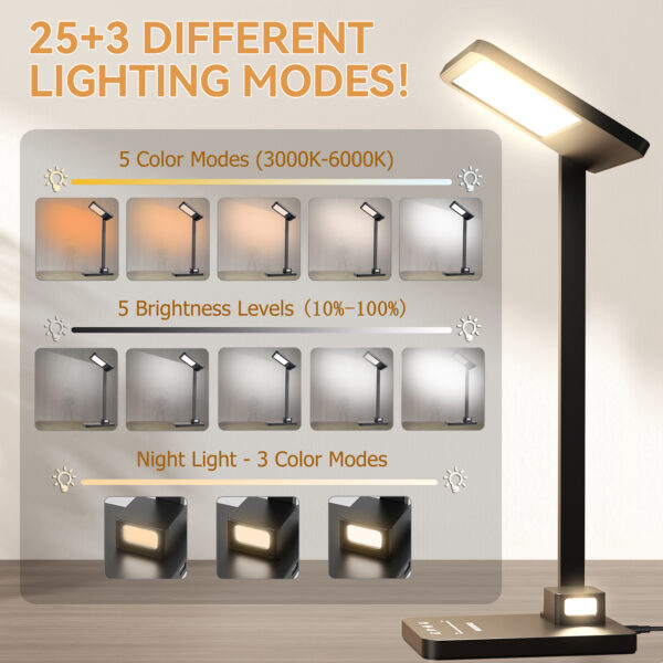 3 in 1 LED Desk Lamp Dimmable Table Lamp Reading Lamp with USB Charging Port and Night Light, Multi-angle Adjustable 25 Lighting Modes Bright Eye-Caring Desk Light Desk Lamp for College Dorm Room - 图片 6