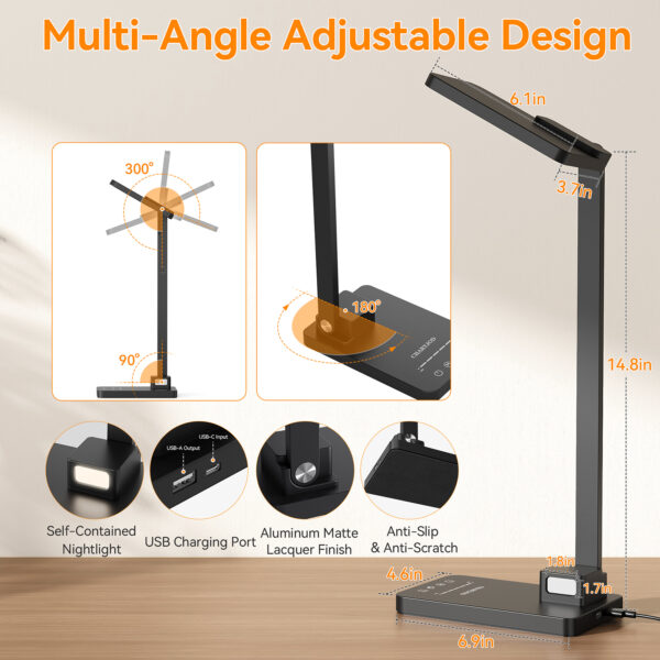 3 in 1 LED Desk Lamp Dimmable Table Lamp Reading Lamp with USB Charging Port and Night Light, Multi-angle Adjustable 25 Lighting Modes Bright Eye-Caring Desk Light Desk Lamp for College Dorm Room - 图片 3