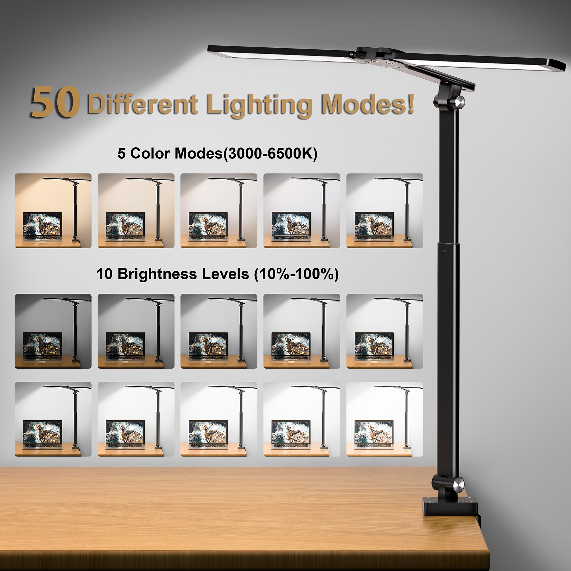 CHARYJOD LED Desk Lamp for Office Home, Height Adjustable Architect Desk Light with Clamp, Eye Caring Stepless Dimming Desk Lamp for Reading, Study, Workbench, 50 Lighting Models - 图片 4